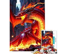 Rompecabezas de 1000 Piezas para Adultos Regalo Ideal Dragón Rojo ardiente en Paisaje Urbano Rompecabezas antiestrés para Adultos Ideal para armar Un Gran Regalo para los Amantes de los Juegos