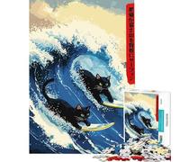 Rompecabezas de 1000 Piezas para Adultos Regalo Ideal Gatos surfistas al Estilo Ukiyo-e Ayuda a ejercitar el Cerebro Divertido y entretenido Juego Educativo para Mayores de 14 años (38x26cm)