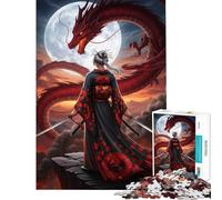 Rompecabezas de 1000 Piezas para Adultos Regalo Ideal Mujer samurái Frente a un dragón Rojo Un Juego Educativo Divertido y humorístico para ejercitar el Cerebro Apto para Mayores de 14 años (38x26cm)
