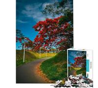 Rompecabezas de 1000 Piezas para Adultos Regalos Camino con árboles en Flor Rojos Rompecabezas DIY para Adultos Juguetes para divertirse en Familia Un Reto para completar (tamaño 38x26cm)
