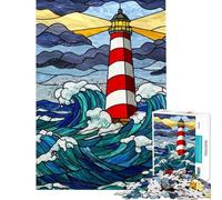 Rompecabezas de 1000 Piezas para Adultos Regalos Faro vidrieras Olas del océano Rompecabezas Juego de ingenio Vacaciones en casa para Pasar el rato Regalo de cumpleaños (tamaño 38x26cm)