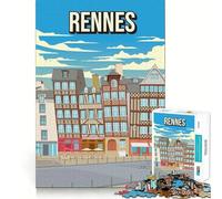 Rompecabezas de 1000 Piezas para Adultos Rennes,Francia Póster de Viaje Vintage Casas de Entramado de Madera en Bretaña de Bordes limpios Mental Divertida Tiempo Libre Regalo Ideal para cumpleaños
