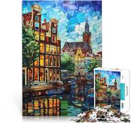 Rompecabezas de 1000 Piezas para Adultos Resplandor del Canal de Ámsterdam Juegos Divertidos con póster a Juego y Hoja de Trivia 75x50cm