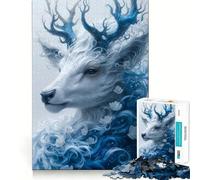 Rompecabezas de 1000 Piezas para Adultos,Retrato de Ciervo Floral Azul y Blanco,Piezas de Corte Limpio,Actividad Cerebral Inteligente,diversión para Momentos tranquilos,Regalo artístico de cumpleaños