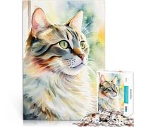 Rompecabezas de 1000 Piezas para Adultos Retrato de Gato en Acuarela con Bigotes de Gato Felices Acertijo para Apto para Parejas 75x50cm