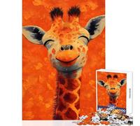 Rompecabezas de 1000 Piezas para Adultos Retrato de Jirafa Sonriente sobre Fondo Naranja Juego Familiar desafío Intenso Juguete antiestrés con póster y Hoja de Preguntas a Juego (50x75cm)