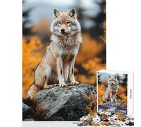 Rompecabezas de 1000 Piezas para Adultos Retrato de Lobo sobre Roca en otoño decoración del hogar Juguetes Regalos para Mujeres y Hombres Juego práctico para Mejorar el Amor en Pareja tamaño 50x75cm