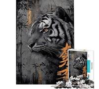 Rompecabezas de 1000 Piezas para Adultos Retrato de Tigre con bambú y caligrafía Rompecabezas para Adultos Regalo de cumpleaños desafío Educativo diversión Familiar y Noche de Juegos 38x26cm