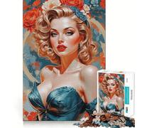 Rompecabezas de 1000 Piezas para Adultos Retrato de una Rubia Pin-up con Detalles Florales Juego de Ajuste preciso,Regalo para ejercitar la Mente,Momento de Juego Relajante,diversión de cumpleaños