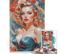 Rompecabezas de 1000 Piezas para Adultos: Retrato de una Rubia Pin-up con Detalles Florales, Juego de ingenio, ensamblaje de Patrones, para Fortalecer el Amor Entre Parejas 50x75cm