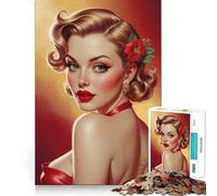 Rompecabezas de 1000 Piezas para Adultos Retrato de una Rubia Pin-up con Vestido Rojo,decoración de Ajuste, Juego cognitivo Divertido,Juego de Paz,Actividad de cumpleaños 38x52cm