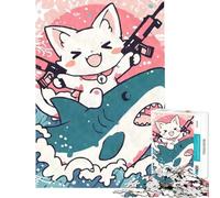 Rompecabezas de 1000 Piezas para Adultos Rompecabezas Kawaii de un Gato Montando un tiburón con Pistolas Juego práctico Juguete Juego Intelectual Obra de Arte Regalo de cumpleaños (tamaño 50x75cm)