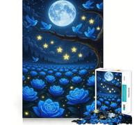 Rompecabezas de 1000 Piezas para Adultos Rosas Azules,pájaros,Luna y Estrellas Ideal para decoración,Juego cognitivo Divertido,Juego de la Paz o Actividad de cumpleaños 38x26cm