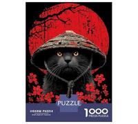 Rompecabezas De 1000 Piezas para Adultos Samurai Cat with Red Flowers Rompecabezas Juegos Divertidos Vacaciones En Casa Matar El Tiempo Cumpleaños Y Navidad 52x38cm/1000pcs