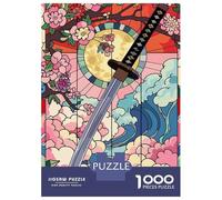 Rompecabezas De 1000 Piezas Para Adultos Samurai Sword with Cherry Blossoms And Waves Rompecabezas Para Adultos Juegos Relajantes Para La Diversión Familiar Interacción Entre Padres E Hijos 52x38cm/10