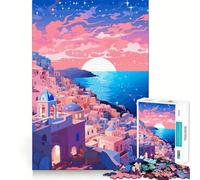 Rompecabezas de 1000 Piezas para Adultos, Santorini, Grecia, Estilo Lofi Art, Corte preciso, Divertido Juego de ingenio, Tiempo Libre, Actividad de cumpleaños (38x52cm)