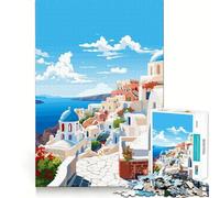 Rompecabezas de 1000 Piezas para Adultos Santorini Grecia Primavera Limpieza Recortar Piezas Juego de Habilidad de Pensamiento Tiempo de Calma Diversión Escena navideña Arte (50x75cm)
