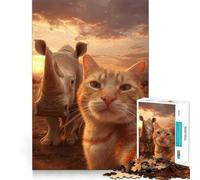 Rompecabezas de 1000 Piezas para Adultos Selfie de Gato y Rinoceronte al Atardecer Piezas de Corte Limpio Juego de Habilidad Mental Momento de relajación Diversión Escena navideña Arte (38x26cm)