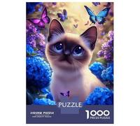 Rompecabezas De 1000 Piezas para Adultos Siamese Cat with Butterflies and Flowers Rompecabezas para Adultos Juegos De Relajación Una Obra De Arte Regalos para Amigos Y Familiares 52x38cm/1000pcs