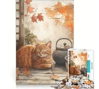 Rompecabezas de 1000 Piezas para Adultos: Siesta de Gato otoñal con té, Juegos Divertidos, interacción Entre Padres e Hijos, con póster y Hoja de Preguntas a Juego, 38x26cm
