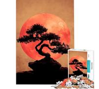 Rompecabezas de 1000 Piezas para Adultos Silueta de árbol bonsái con Luna roja Un desafío para la Inteligencia Juguetes adictivos Juegos Familiares Difícil Regalos de Amigo Invisible (Tamaño 38x26cm)