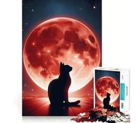 Rompecabezas de 1000 Piezas para Adultos Silueta de Gato bajo la Luna roja Juego de Habilidad Mental para desarrollar la precisión y la Memoria (50x75cm)