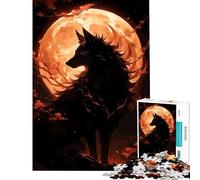 Rompecabezas de 1000 Piezas para Adultos Silueta de Lobo sobre Luna Naranja Juego práctico y adictivo para Cultivar la Paciencia Regalo de cumpleaños para aliviar el estrés (tamaño 38x52cm)