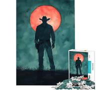 Rompecabezas de 1000 Piezas para Adultos Silueta de Vaquero bajo la Luna roja Juguete Educativo Juego Intelectual Regalo de cumpleaños Desafío difícil (Tamaño 38x26cm)