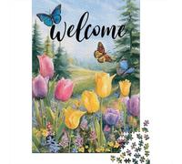 Rompecabezas De 1000 Piezas para Adultos Spring Garden Flag Butterfly Welcome Rompecabezas para Adultos Juegos Divertidos Una Obra De Arte Cumpleaños Y Navidad 52x38cm/1000pcs
