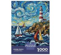 Rompecabezas De 1000 Piezas Para Adultos Starry Night Lighthouse And Sailboats Rompecabezas Para Adultos Juguete Decoración De Pared Decoración Del Hogar Interacción Entre Padres E Hijos 70x50cm/1000p