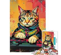 Rompecabezas de 1000 Piezas para Adultos Synthwave Cool DJ Cat - Neon Beats ﹨u Pixel Paws Jigsaw for Adults Family Games Staycation Kill Time Difícil y desafiante (Tamaño 38x52cm)