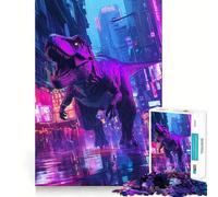 Rompecabezas de 1000 Piezas para Adultos T-Rex en Ciudad neón, Dinosaurio, Corte Exacto, Arte, Juego Creativo, Juego de ingenio, Juego de Ocio, Divertido, Regalo de cumpleaños (38x52cm)