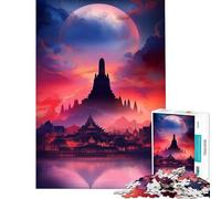 Rompecabezas de 1000 Piezas para Adultos Templo en Silueta bajo una Luna Gigante Juguete Intelectual Juego de ingenio Análisis y lógica Excelentes Regalos y Juguetes (Tamaño 38x52cm)