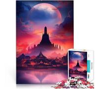 Rompecabezas de 1000 Piezas para Adultos Templo silueteado bajo la Luna Gigante Juegos Divertidos Regalo para cumpleaños 50x70cm