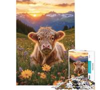 Rompecabezas de 1000 Piezas para Adultos Ternero Entre Flores Silvestres al Atardecer Rompecabezas de ingenio Juego de construcción de Patrones Regalos para Amigos y Familiares (tamaño 38x52cm)