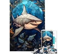Rompecabezas de 1000 Piezas para Adultos Tiburón Blanco en vitral Ayuda a ejercitar el Cerebro Decoración para el hogar Juguete Educativo para Mayores de 14 años (38x52cm)