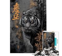 Rompecabezas de 1000 Piezas para Adultos Tigre con bambú y caligrafía asiática Juegos relajantes para Adultos Alivio del estrés diversión en casa (tamaño 38x26cm)