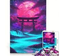 Rompecabezas de 1000 Piezas para Adultos Torii neón bajo una Luna carmesí Juego práctico para divertirse en Familia cumpleaños y Navidad 50x75cm