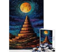 Rompecabezas de 1000 Piezas para Adultos Torre de Babel bajo la Luna Llena Juguete Educativo Grandes Regalos y Juguetes Juego práctico con póster a Juego y Hoja de Trivia Tamaño 38x52cm