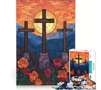 Rompecabezas de 1000 Piezas para Adultos Tres Cruces con Rosas de vidrieras Juego práctico antiestrés Toda la Familia 38x26cm