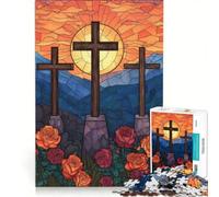 Rompecabezas de 1000 Piezas para Adultos Tres Cruces con Rosas de vidrieras Juguete Educativo Mejora la Memoria cumpleaños y Navidad 50x75cm