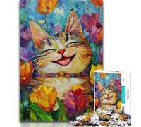 Rompecabezas de 1000 Piezas para Adultos, Tulipanes y Gatos, para Adolescentes, con póster y Hoja de Trivia a Juego, para Mayores de 14 años (tamaño 38x26cm)