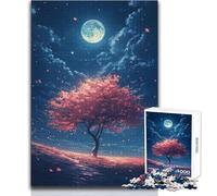 Rompecabezas de 1000 Piezas para Adultos: un árbol de Sakura Brillante con pétalos cayendo por la Noche, Juego Educativo, Regalo de Aprendizaje para cumpleaños, tamaño 38x52cm
