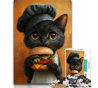Rompecabezas de 1000 Piezas para Adultos, un Gato Comiendo Hamburguesa, Ideal para Pasar el rato en casa con Piezas aleatorias Que se entrelazan (tamaño 75x50cm)
