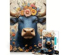 Rompecabezas de 1000 Piezas para Adultos Vaca Azul con Flores,decoración de Ajuste, Juego cognitivo Divertido,Juego de Paz,Actividad de cumpleaños 38x26cm
