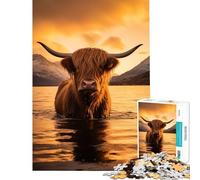 Rompecabezas de 1000 Piezas para Adultos Vaca de Las Tierras Altas en el Agua Juego Imposible Juguete Educativo desafío Regalo Ideas para Aprender y educar (Tamaño 38x52cm)