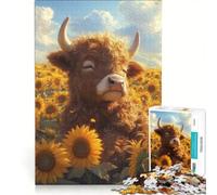 Rompecabezas de 1000 Piezas para Adultos Vaca de Las Tierras Altas en un Campo de Girasoles Juego Familiar interacción Entre Padres e Hijos cumpleaños y Navidad 50x75cm