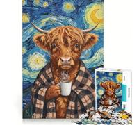 Rompecabezas de 1000 Piezas para Adultos Vaca de Las Tierras Altas en una Noche Estrellada Juego Familiar Ideal para la interacción Entre Padres e Hijos cumpleaños y Navidad 38x26cm