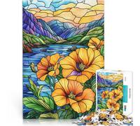Rompecabezas de 1000 Piezas para Adultos Vidriera del Lago de montaña Juego de Preguntas con Piezas de Formas aleatorias Que se entrelazan Completamente 38x26cm