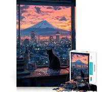 Rompecabezas de 1000 Piezas para Adultos Vista del Monte Fuji Desde la Perspectiva de un Gato - Juego de resolución de Problemas sin Costuras - Juguete Casual - Escena navideña - Arte (50x75cm)